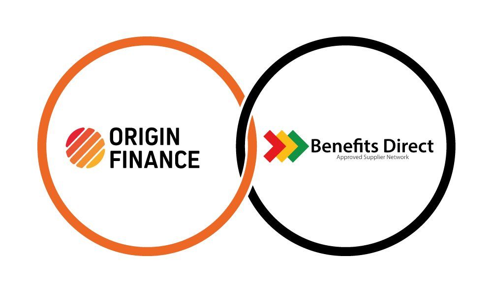 The logos for origin finance and benefits direct are connected in a circle.
