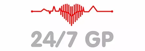 A heart with a heartbeat line and the words `` 24/7 gp ''.