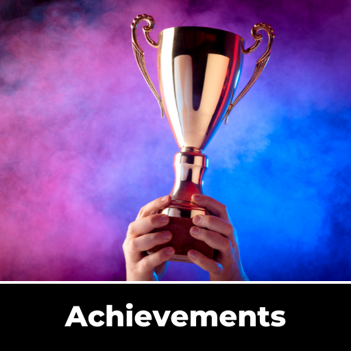 A person is holding a trophy with the words achievements below it