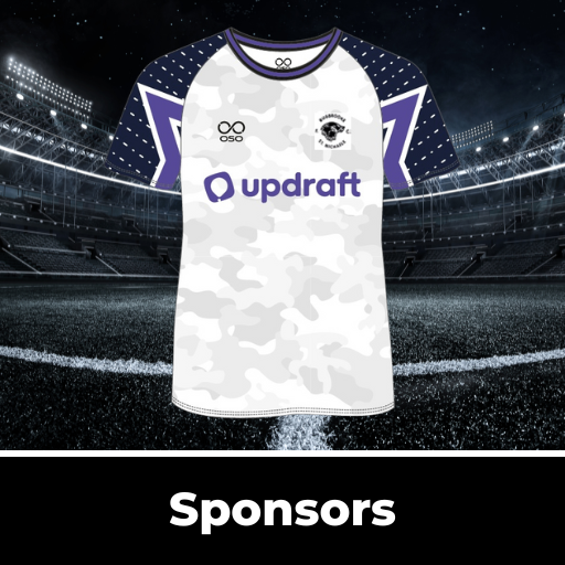 Two shirts on a soccer field with the words sponsors on the bottom