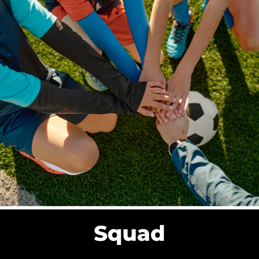 A group of people putting their hands together in front of a soccer ball.