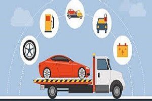 Tow truck carrying a red car, surrounded by icons for services like gas, towing, and battery change.