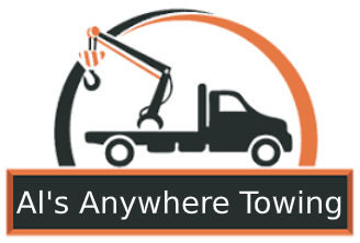 Logo for Al's Anywhere Towing: Tow truck with crane, black and orange. Text: Al's Anywhere Towing.