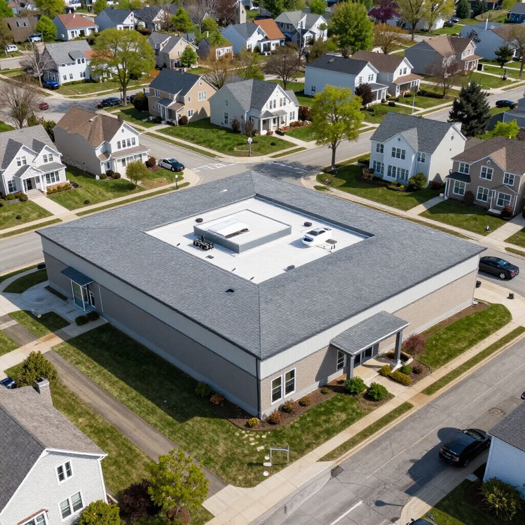 Aerial view of a gray building with a flat roof in a suburban neighborhood.