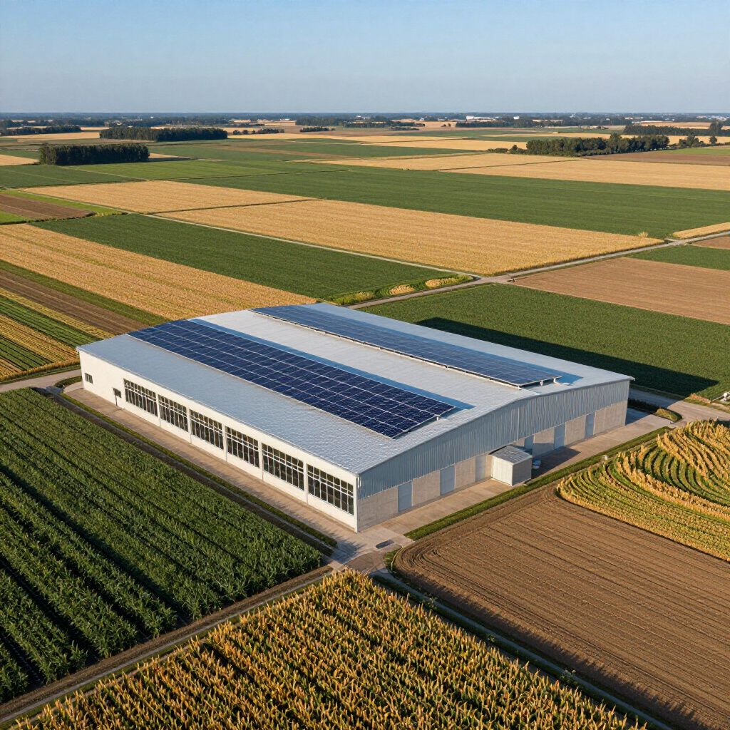 Large industrial building with solar panels on roof, surrounded by cultivated fields.