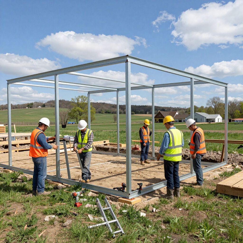 Construction workers assemble a metal frame outdoors on a sunny day.