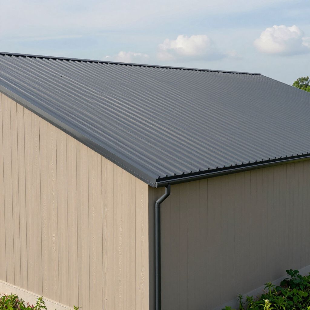 Tan building with a gray corrugated metal roof and a black gutter.