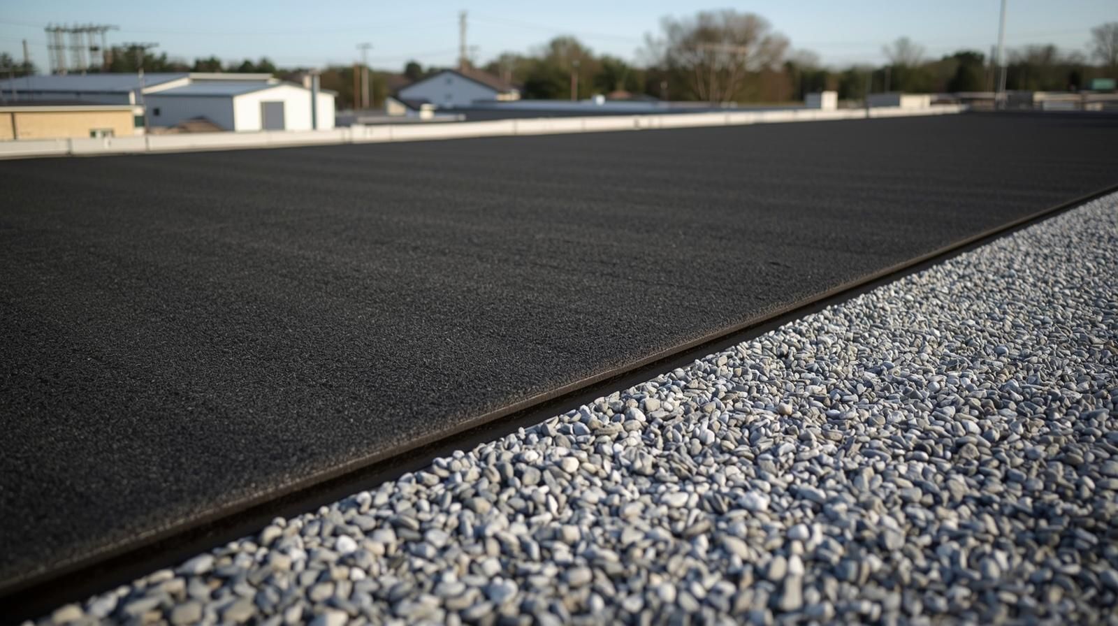 Black asphalt surface next to a border of gray gravel, with buildings in the blurred background.
