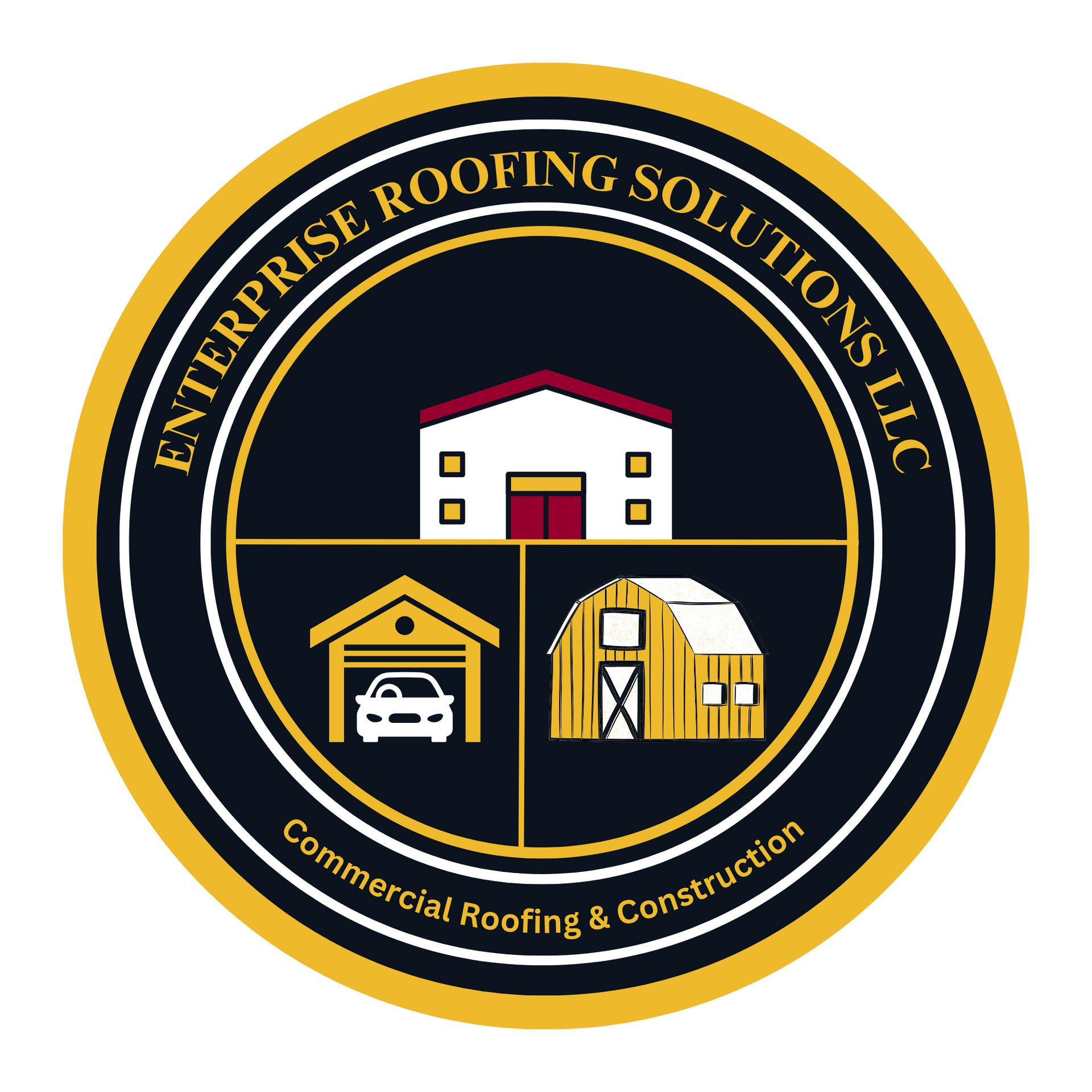 Logo for Enterprise Roofing Solutions LLC. Features a white, red, and gold building design with three sections in a circular gold-edged navy blue seal.