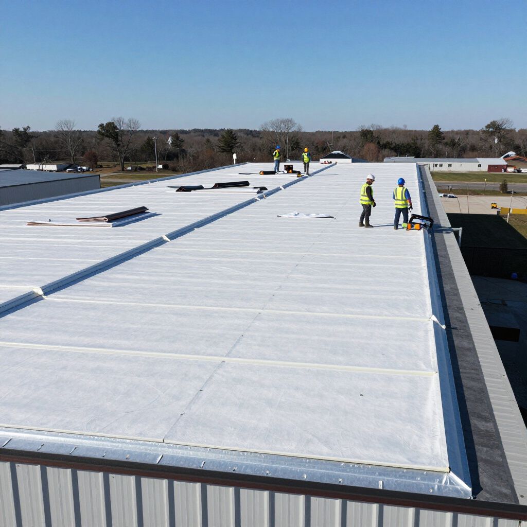 Workers in safety vests on a flat white commercial roof on a sunny day.