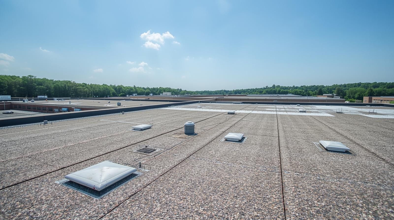 Gravel-covered flat roof with skylights and a view of trees under a clear blue sky.