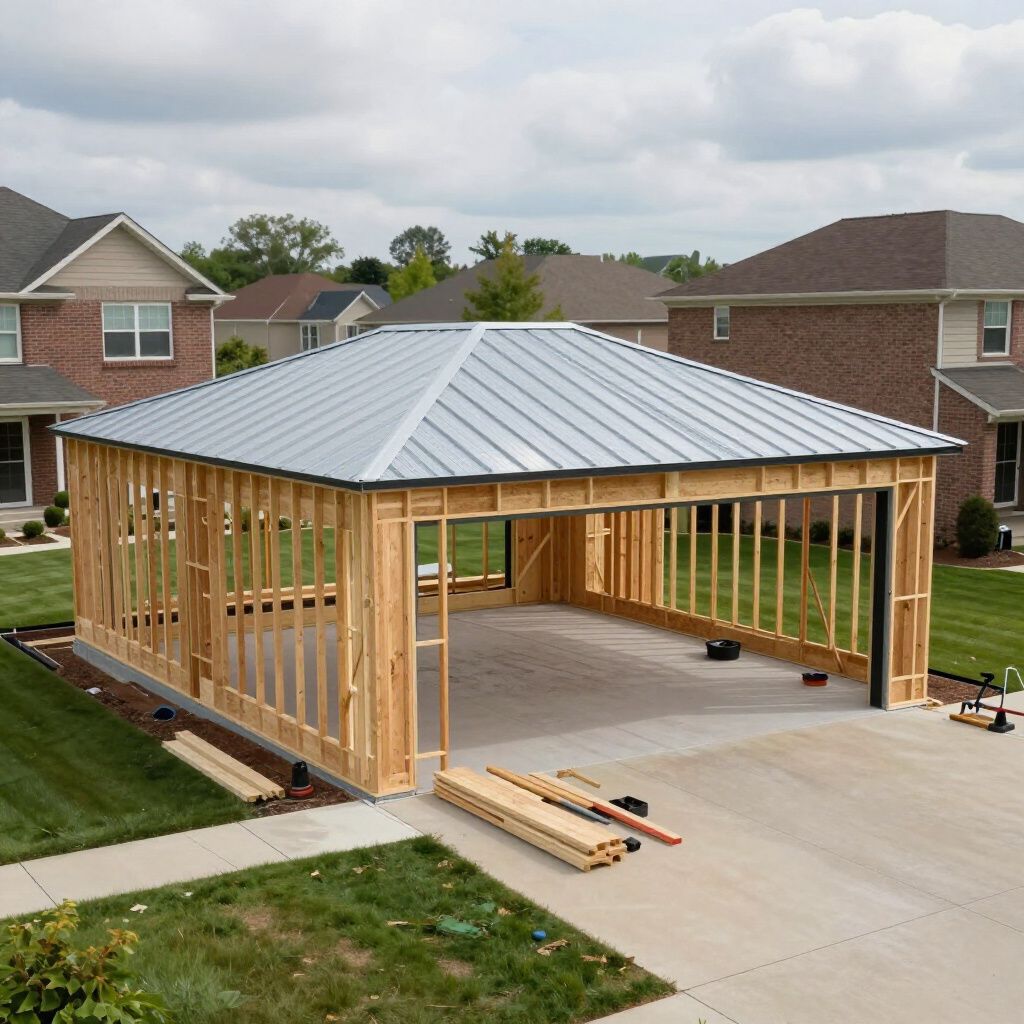Unfinished wooden garage with metal roof under construction in a suburban setting.