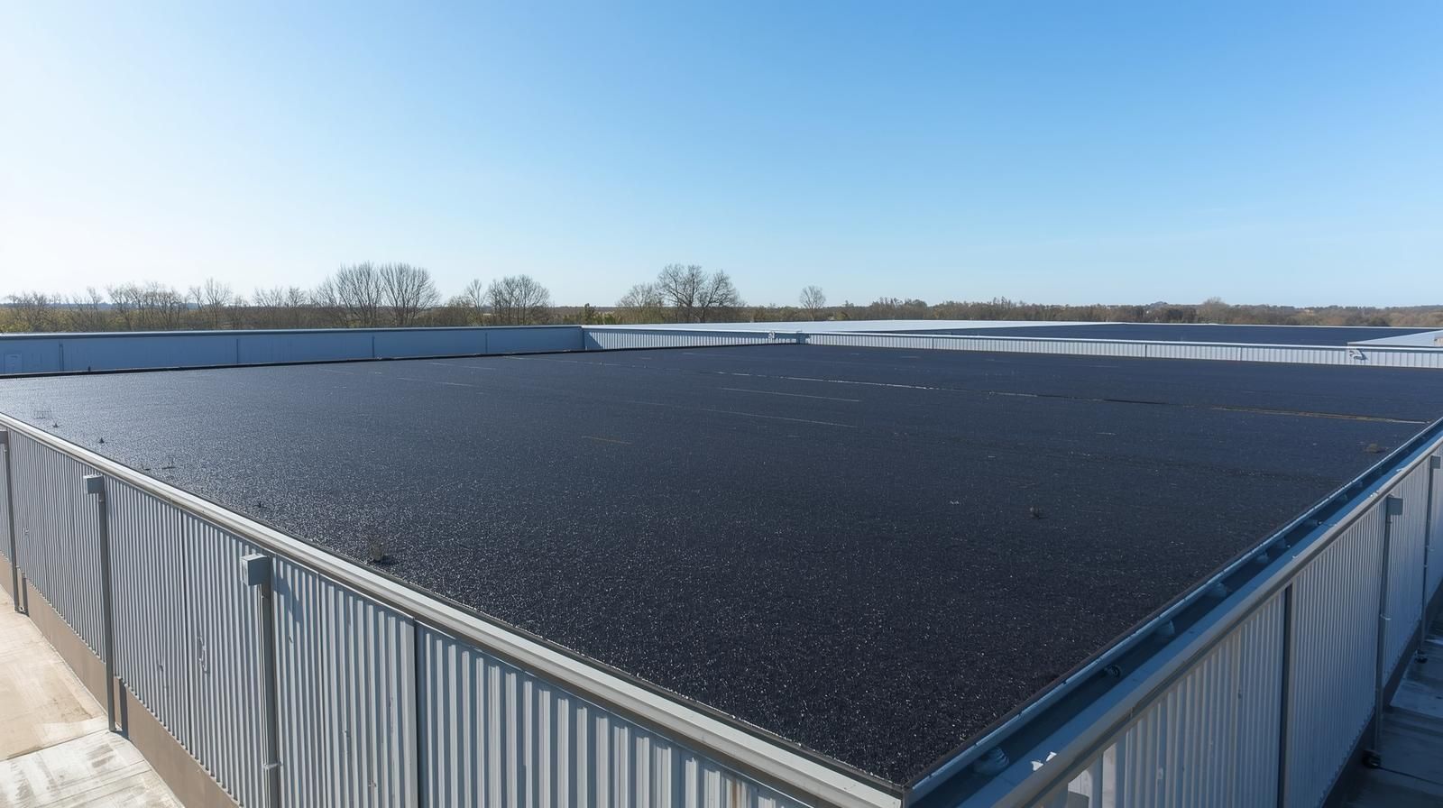 Black solar panels on a rooftop, with a clear blue sky in the background.