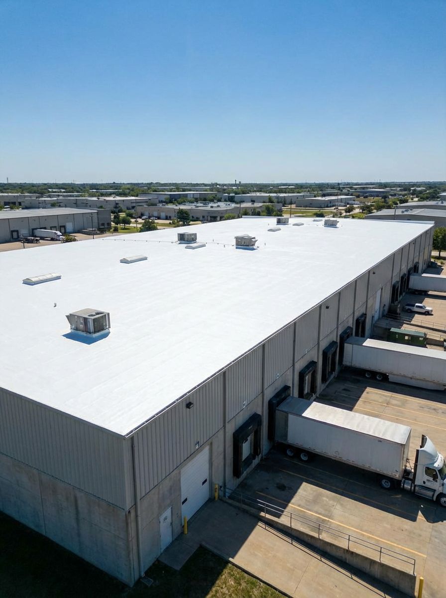 Large industrial building with loading docks, trucks, and bright white roof under blue sky.