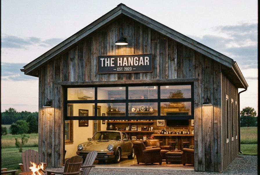 Barn-style garage with a classic car, living area, and 