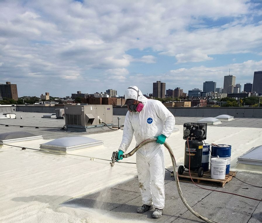 Man in protective suit spraying white foam on a rooftop; city buildings in background.