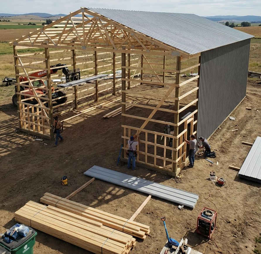 Construction of a wooden framed barn with a partially completed metal roof. Workers are installing walls.