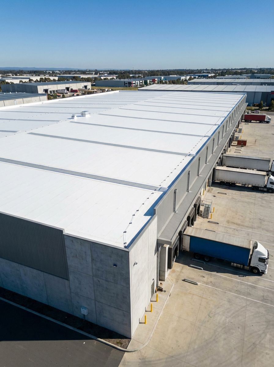 Aerial view of a large warehouse with several loading docks; a truck is backed into a dock.