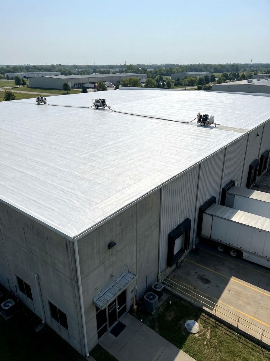 Warehouse exterior with a shiny metal roof, loading docks, and HVAC units.