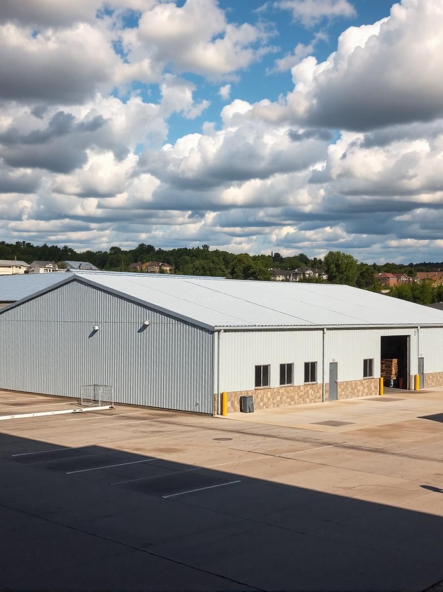 Warehouse building with a silver roof and gray siding under a cloudy sky.