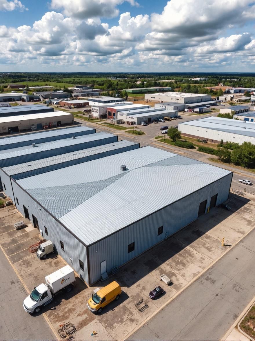Aerial view of a gray industrial building with a corrugated metal roof, with other buildings and a blue sky in the background.