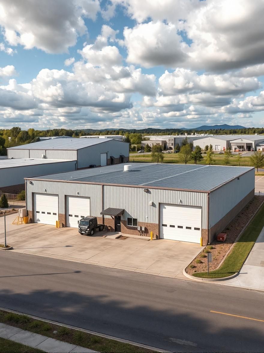Industrial building with three garage doors on a sunny day. Other buildings and distant mountains visible.