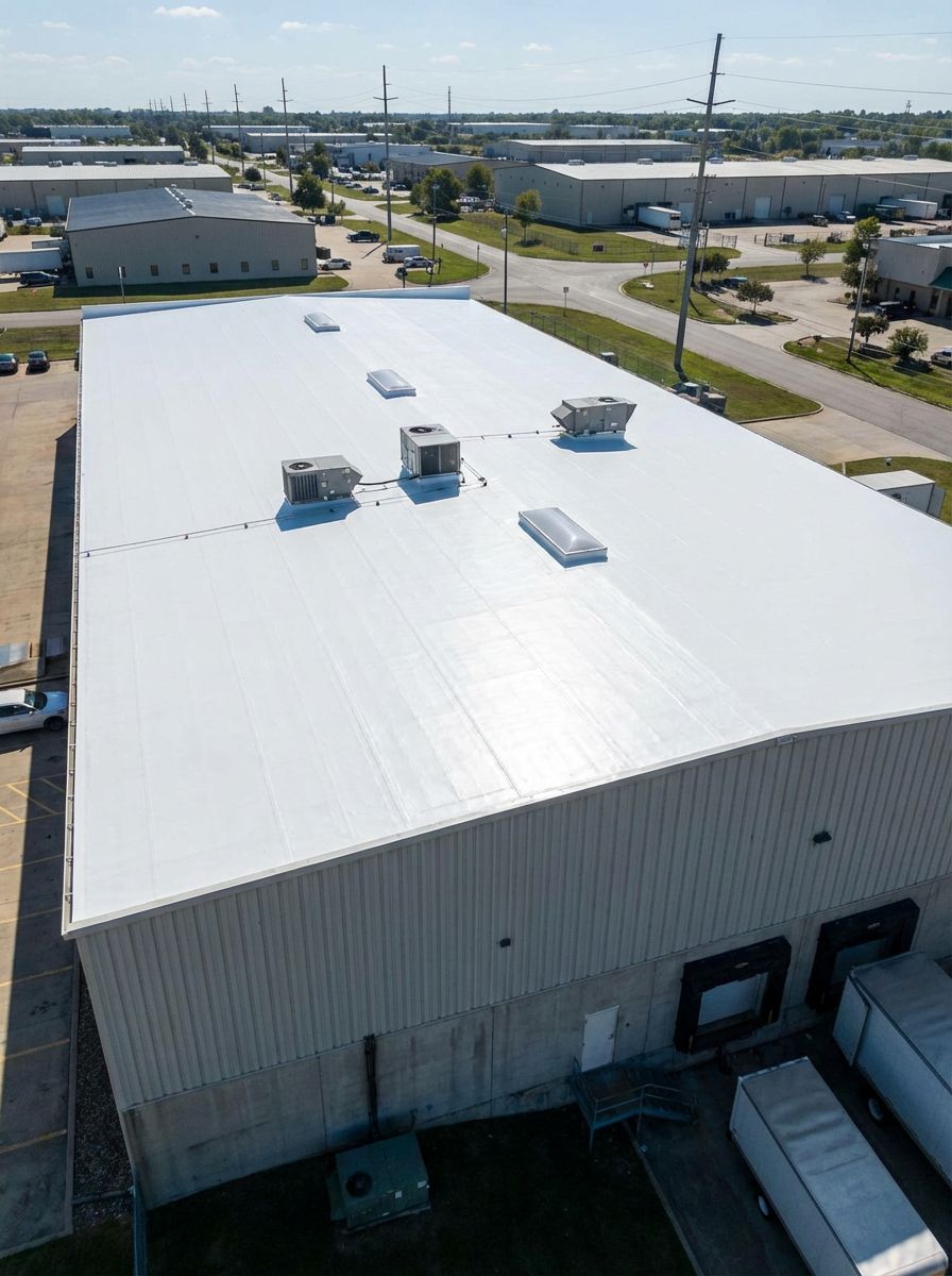 Aerial view of a white commercial building with a flat roof. Includes rooftop HVAC units and loading docks.