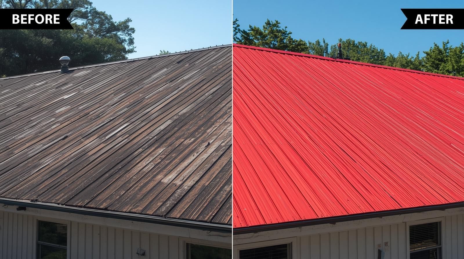 Comparison of a rusty metal roof (left) and a repainted red metal roof (right) on a white house.