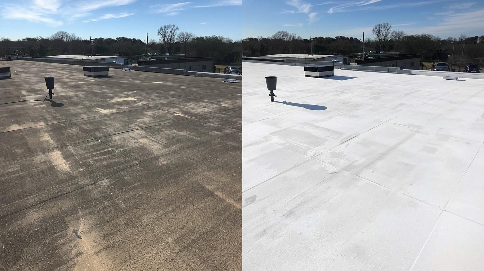Side-by-side view of a commercial roof before and after cleaning. The 