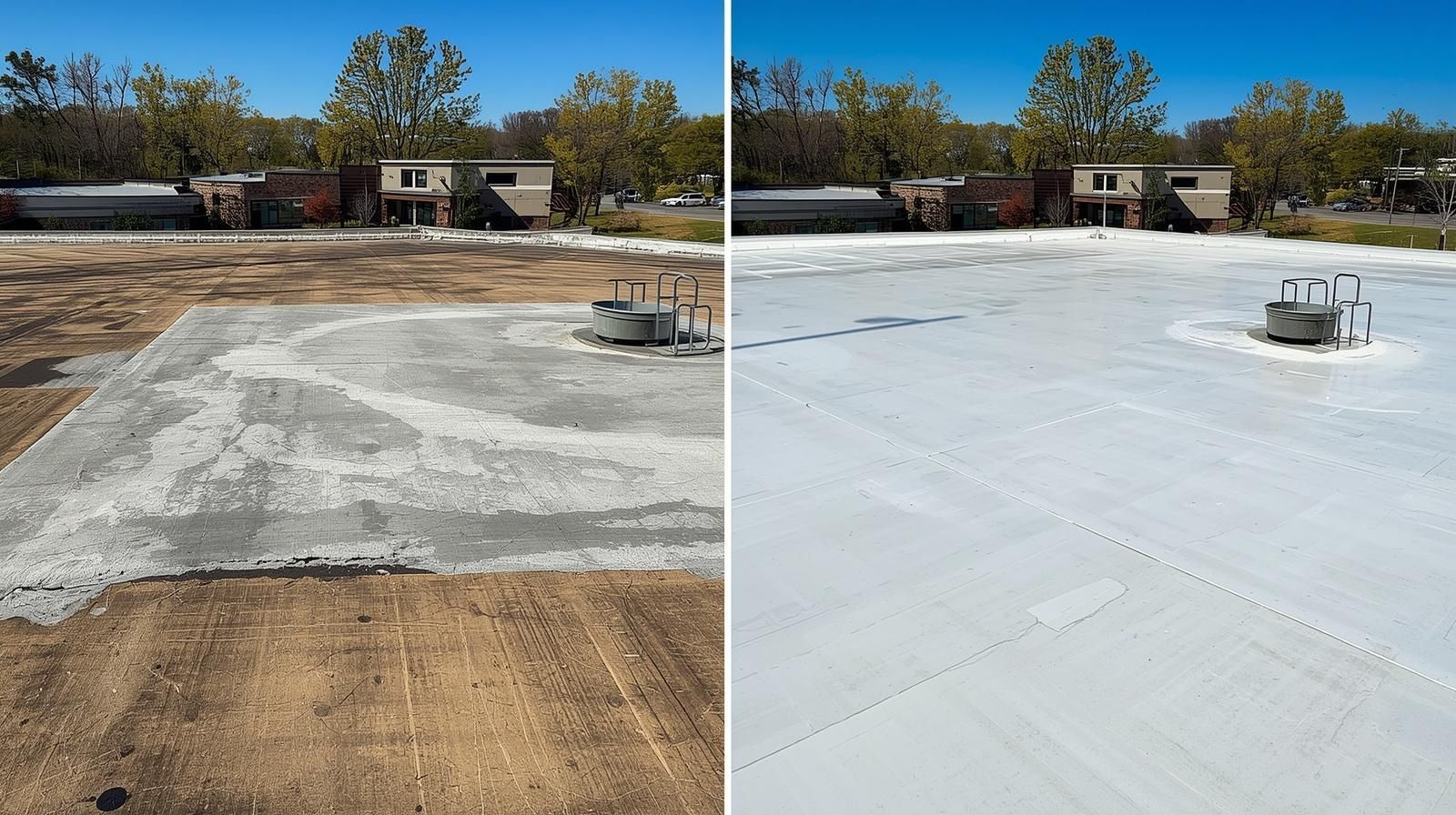 Comparison: concrete slab on dirt, then same slab with white coating, viewed outdoors.