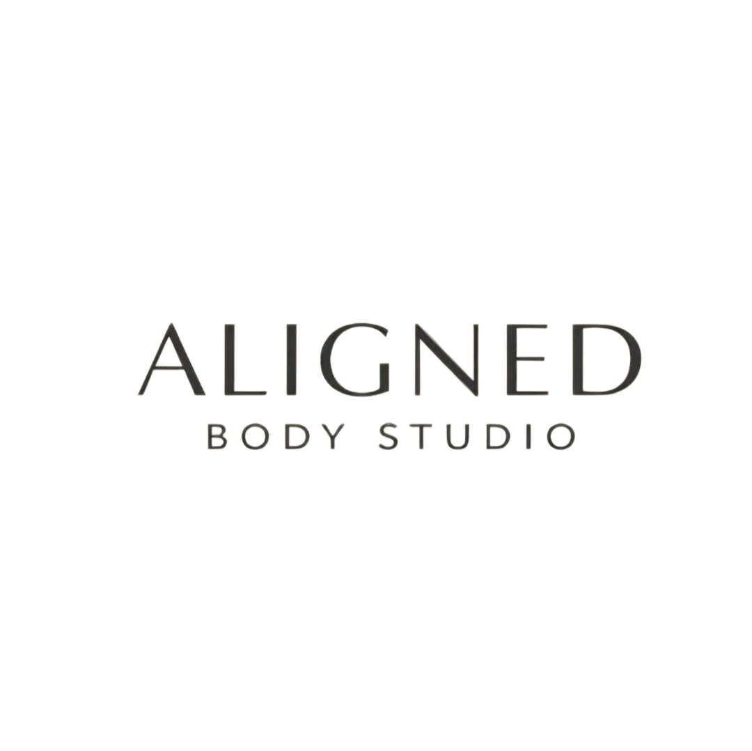 Aligned Body Studio logo on a cream background, with black serif text.