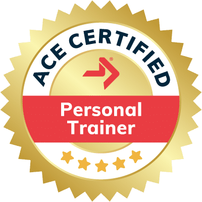 ACE Certified Personal Trainer badge with gold, red, and white details.