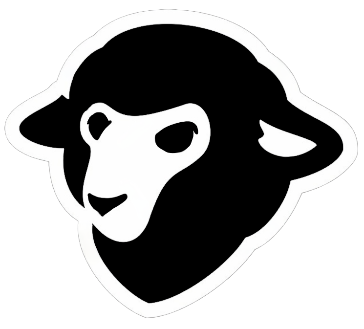 Black and white sheep head, profile view, looking forward.