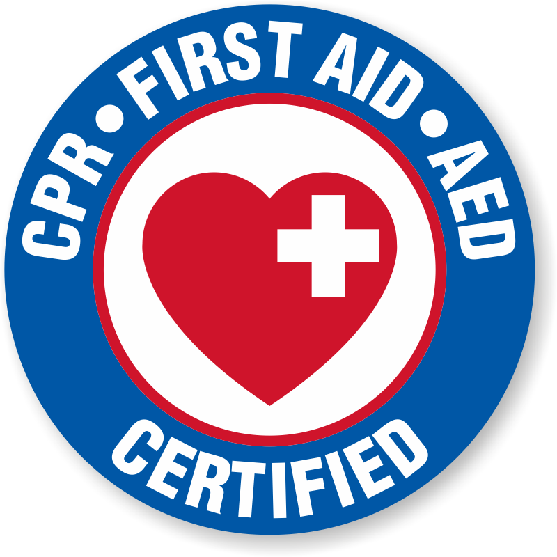 CPR, First Aid, AED certified badge with a red heart and white cross.