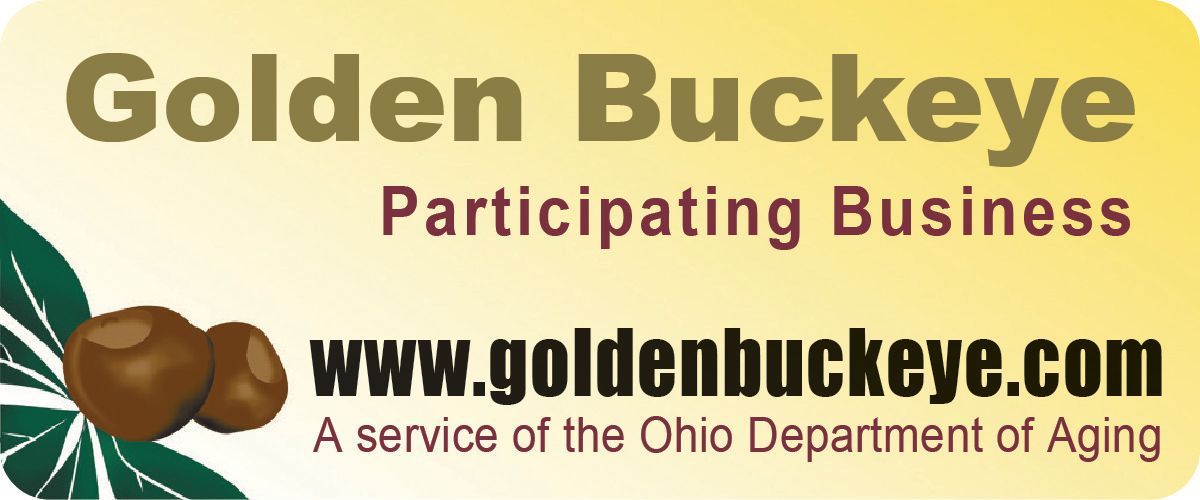 Golden Buckeye Participating Business logo with a website link and a service notice from the Ohio Department of Aging.