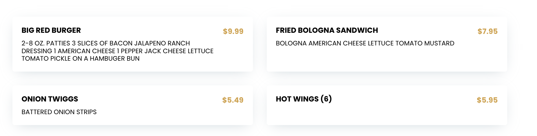 Menu with four items. Top left: