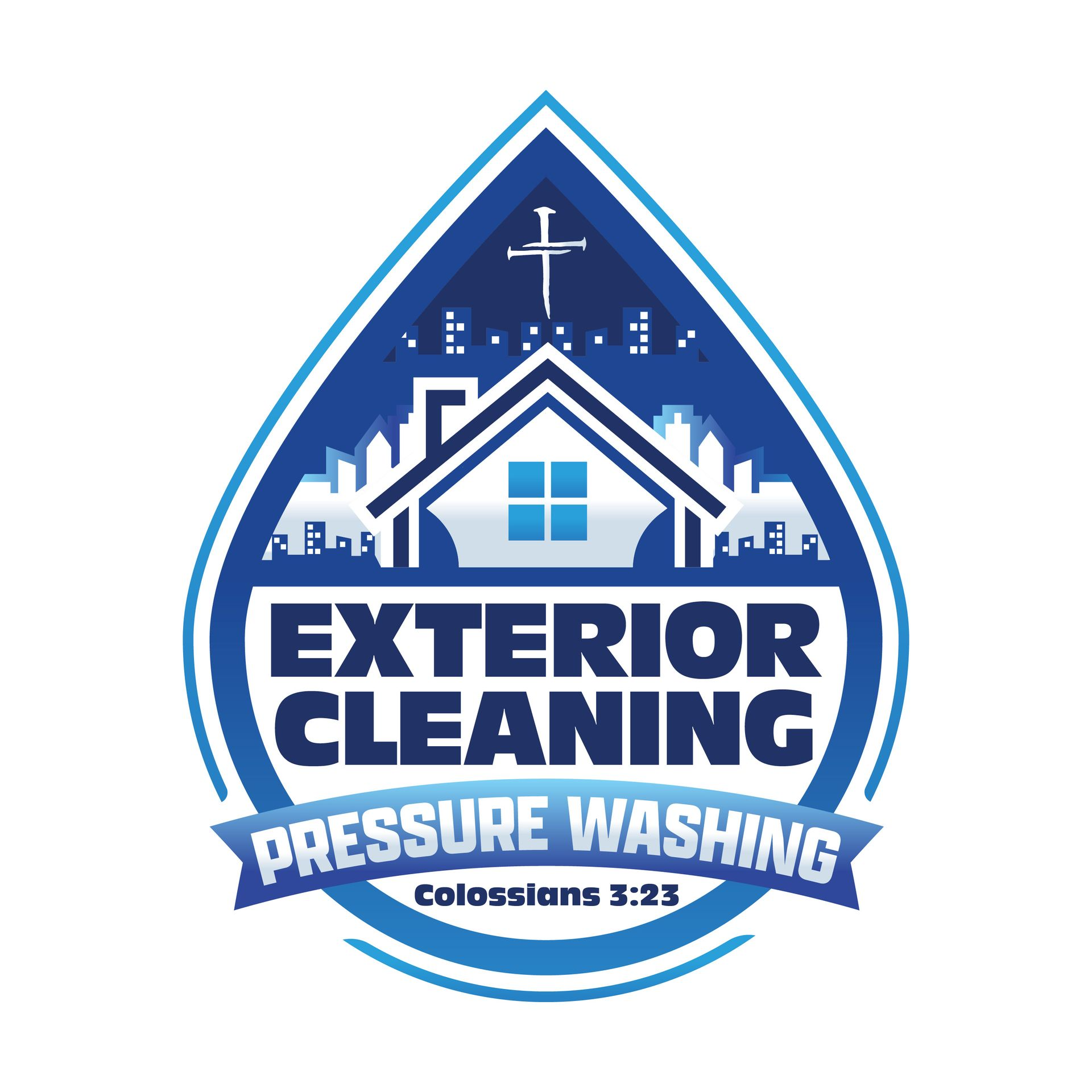 The logo for exterior cleaning pressure washing has a house and a cross on it.