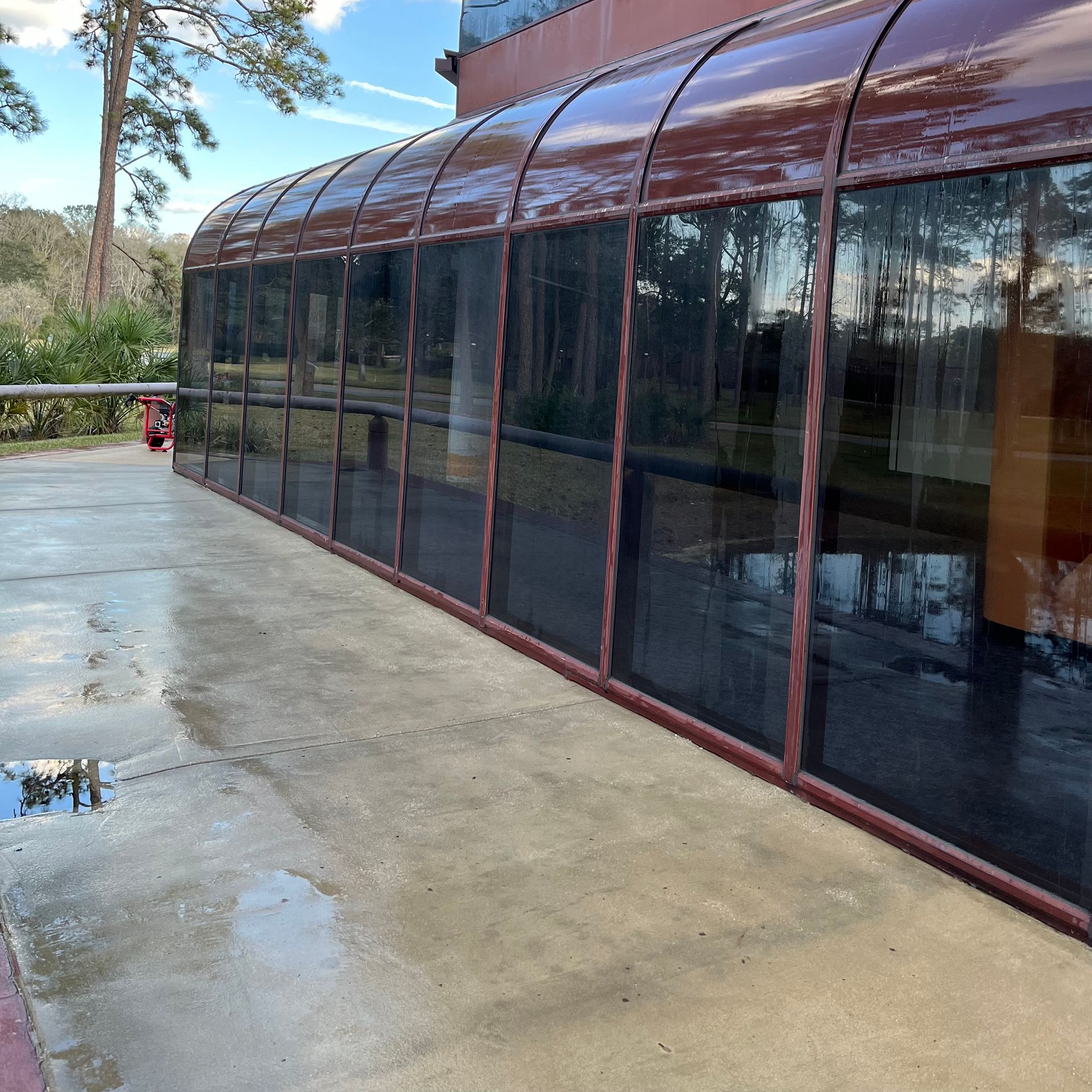 A building with a reflection of trees in the windows