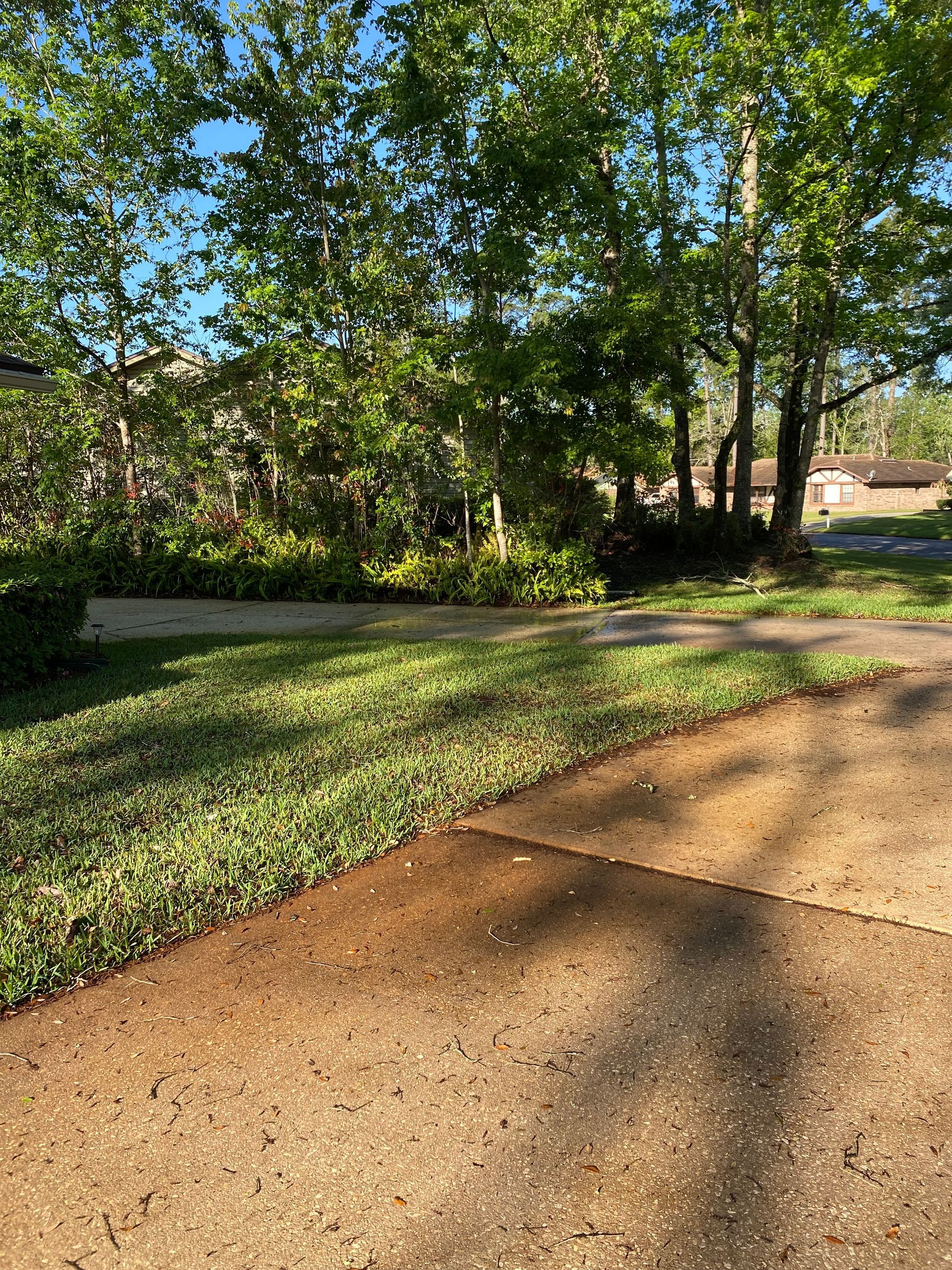 A concrete walkway leading to a house with a brick building in the background.