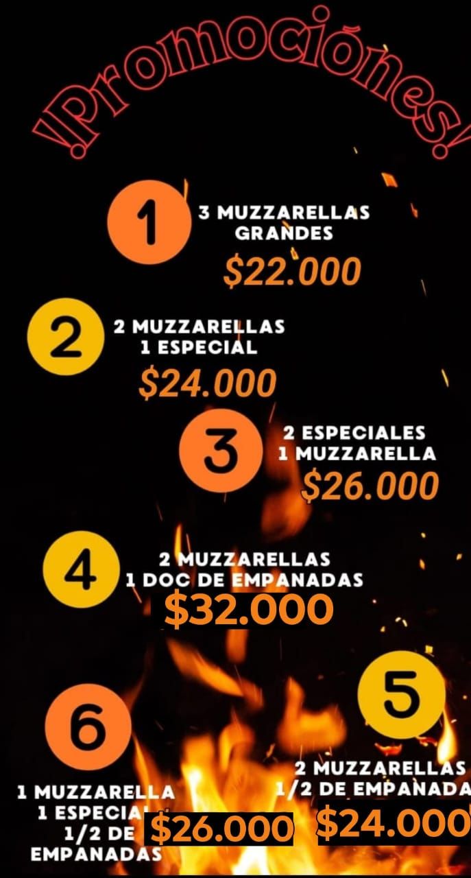 Menú con ofertas promocionales de muzzarellas y empanadas. Precios y combinaciones sobre un fondo de fuego.