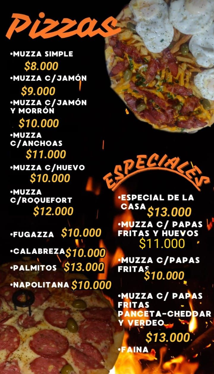 Menú de pizzas con precios. Incluye pizzas "Muazza", especiales como "Casa" y otros ingredientes.