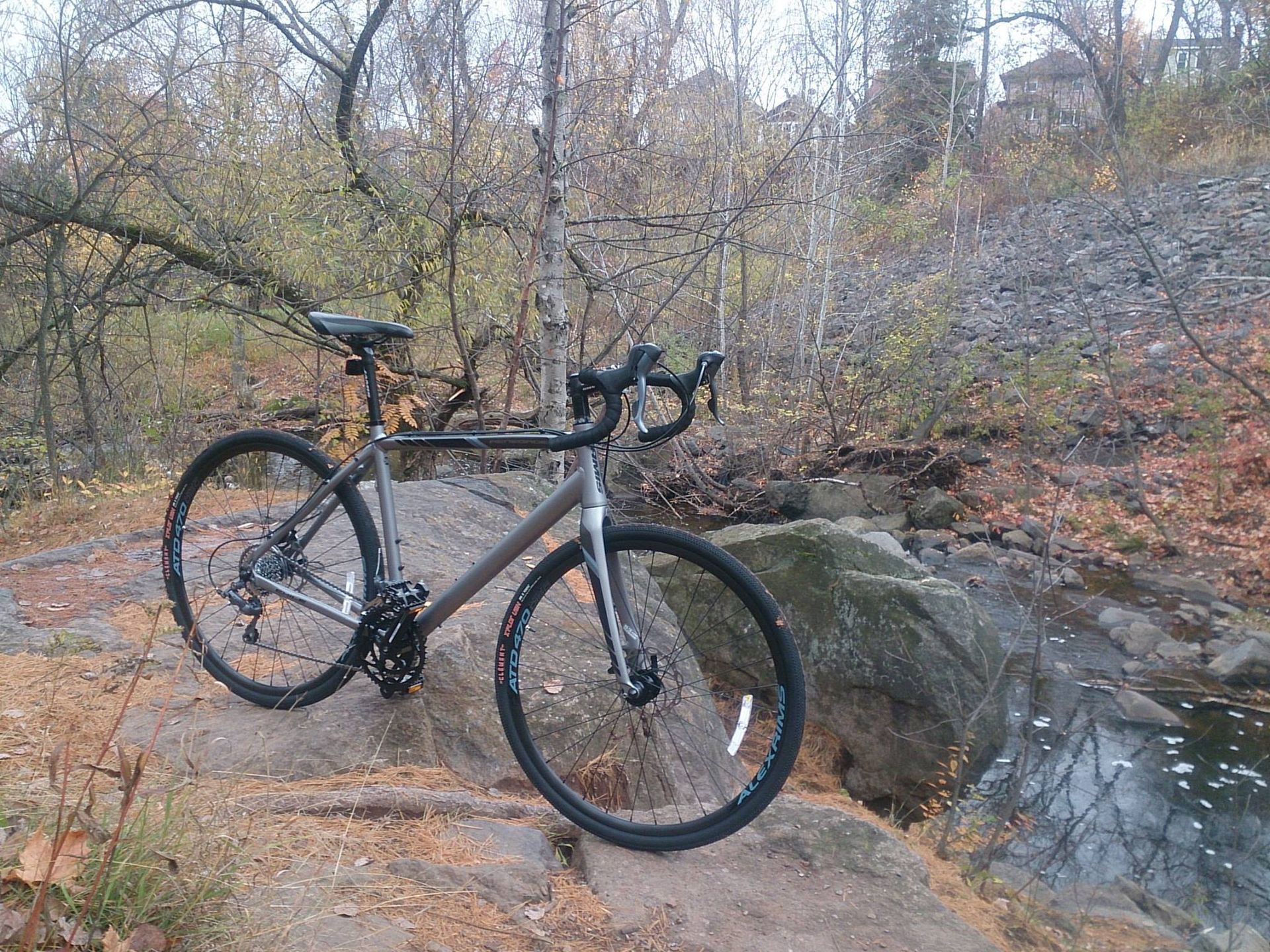 Grey bike in mountain background