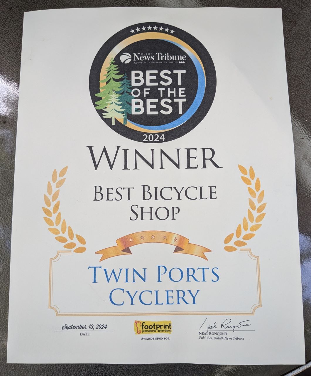 A best of the best award for twin ports cyclery