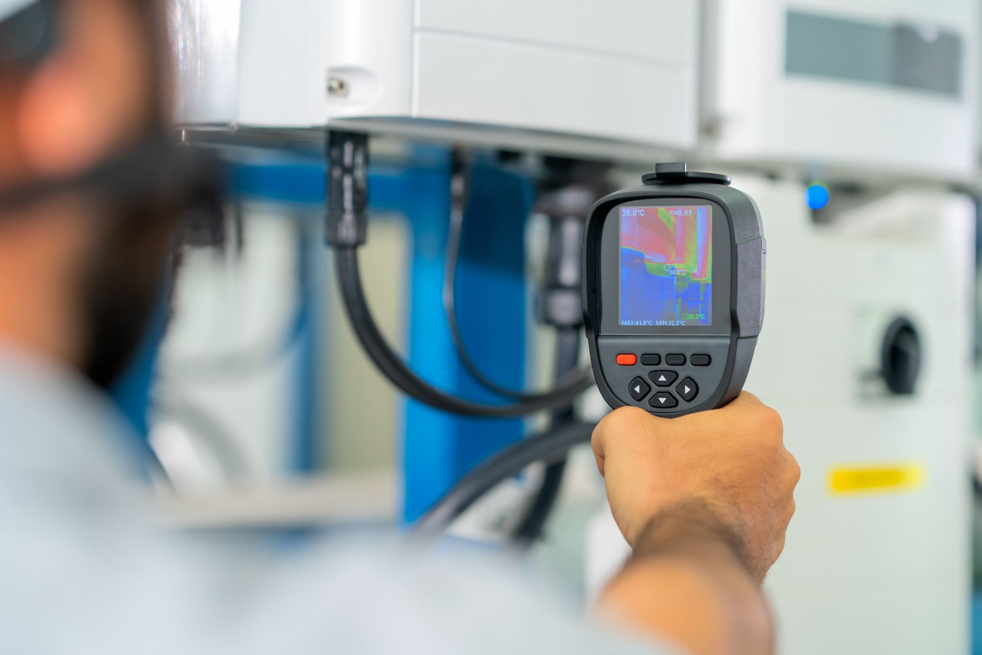 A man is using a thermal camera to check the temperature of a solar panel.