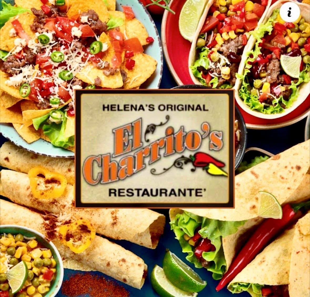 A sign for el charrito 's restaurant surrounded by food