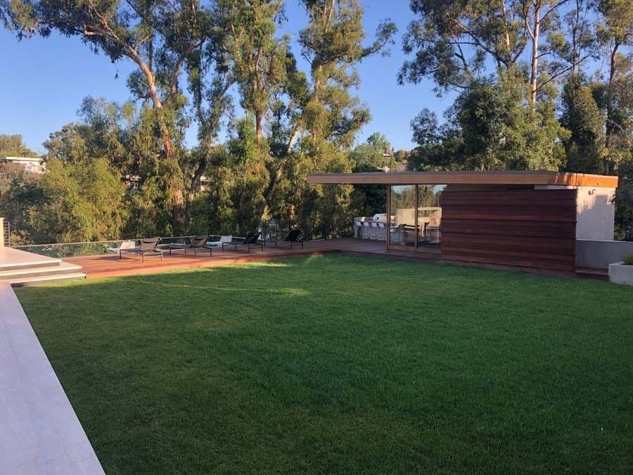 Lush green lawn with a wooden structure, trees, and lounge chairs under a blue sky.