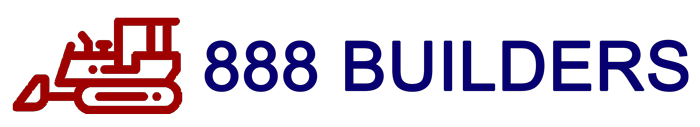 Logo of "888 Builders," with a red bulldozer icon to the left of the text.