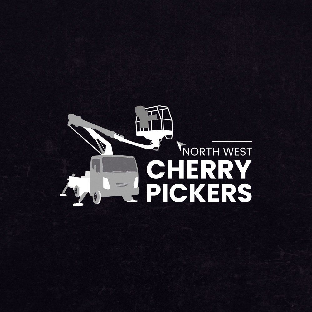 Logo for North West Cherry Pickers: White silhouette of a cherry picker truck on a black background.