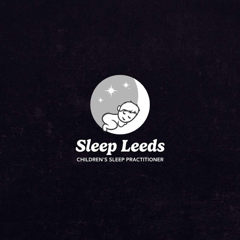 Logo for Sleep Leeds: a baby sleeping on a crescent moon with stars, text 