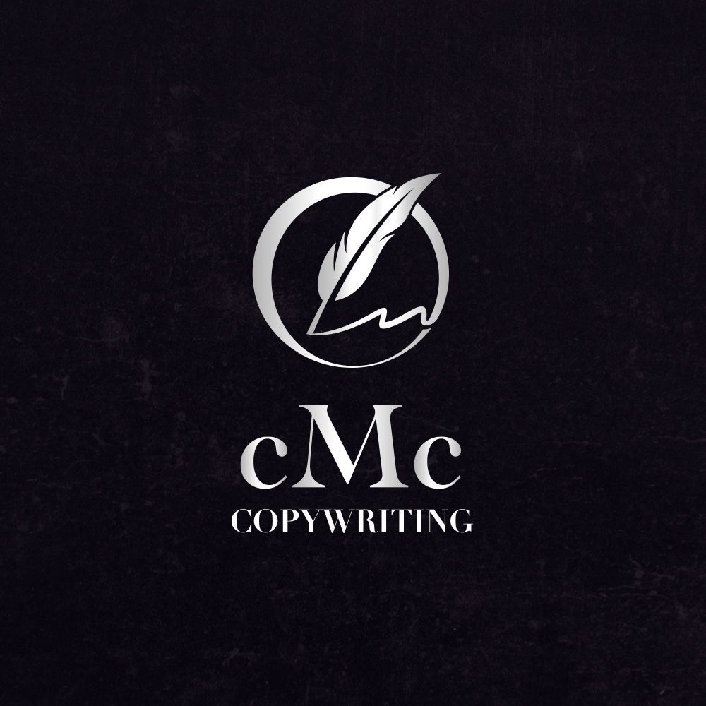 Silver logo: Feather in a circle over a handwritten underline; 